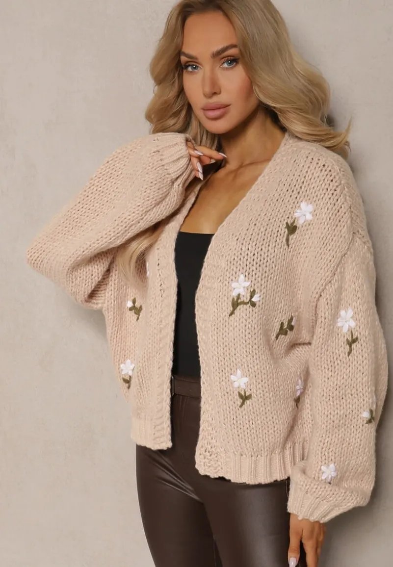 Brązowy Kardigan w Kwiatowe Aplikacje z Zapięciem na Elegancką Agrafkę Patista