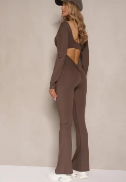 Brązowy Kombinezon Bodycon z Usztywnianymi Miseczkami i Wycięciami na Plecach Calinori
