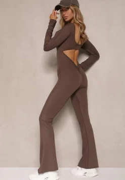 Brązowy Kombinezon Bodycon z Usztywnianymi Miseczkami i Wycięciami na Plecach Calinori