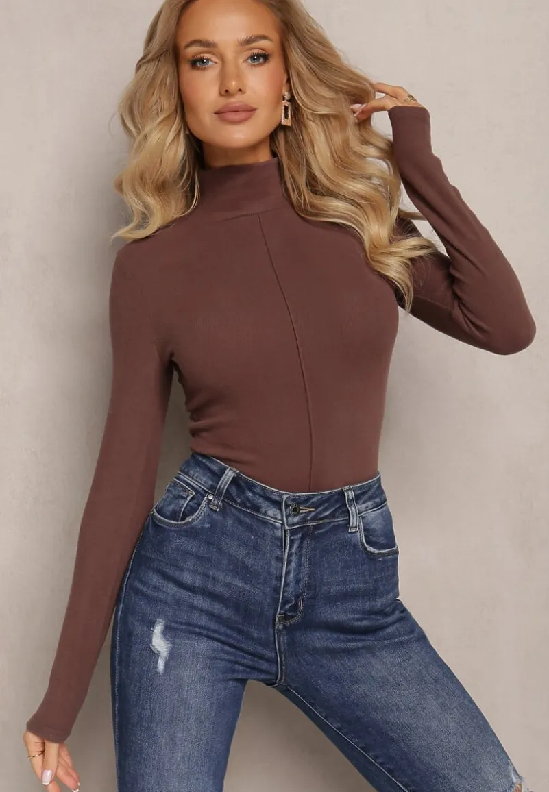 Brązowy Sweter Golf z Ozdobnym Przeszyciem Dayshawn