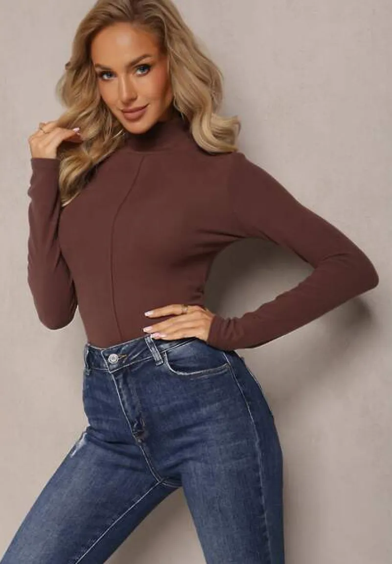 Brązowy Sweter Golf z Ozdobnym Przeszyciem Dayshawn