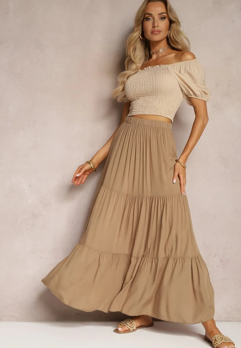 Ciemnobeżowa Wiskozowa Spódnica High Waist z Gumką w Talii i Falbanką Christiara