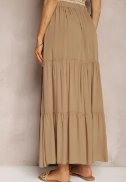 Ciemnobeżowa Wiskozowa Spódnica High Waist z Gumką w Talii i Falbanką Christiara