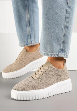 Ciemnobeżowe Ażurowe Sneakersy na Platformie Ellisara