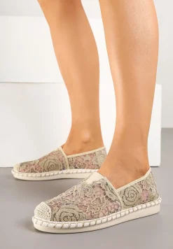 Ciemnobeżowe Espadryle z Plecionką i Koronką Merarilia