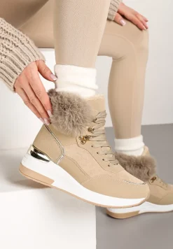 Ciemnobeżowe Futerkowe Sneakersy na Koturnie z Metalicznymi Wstawkami Kaithrin
