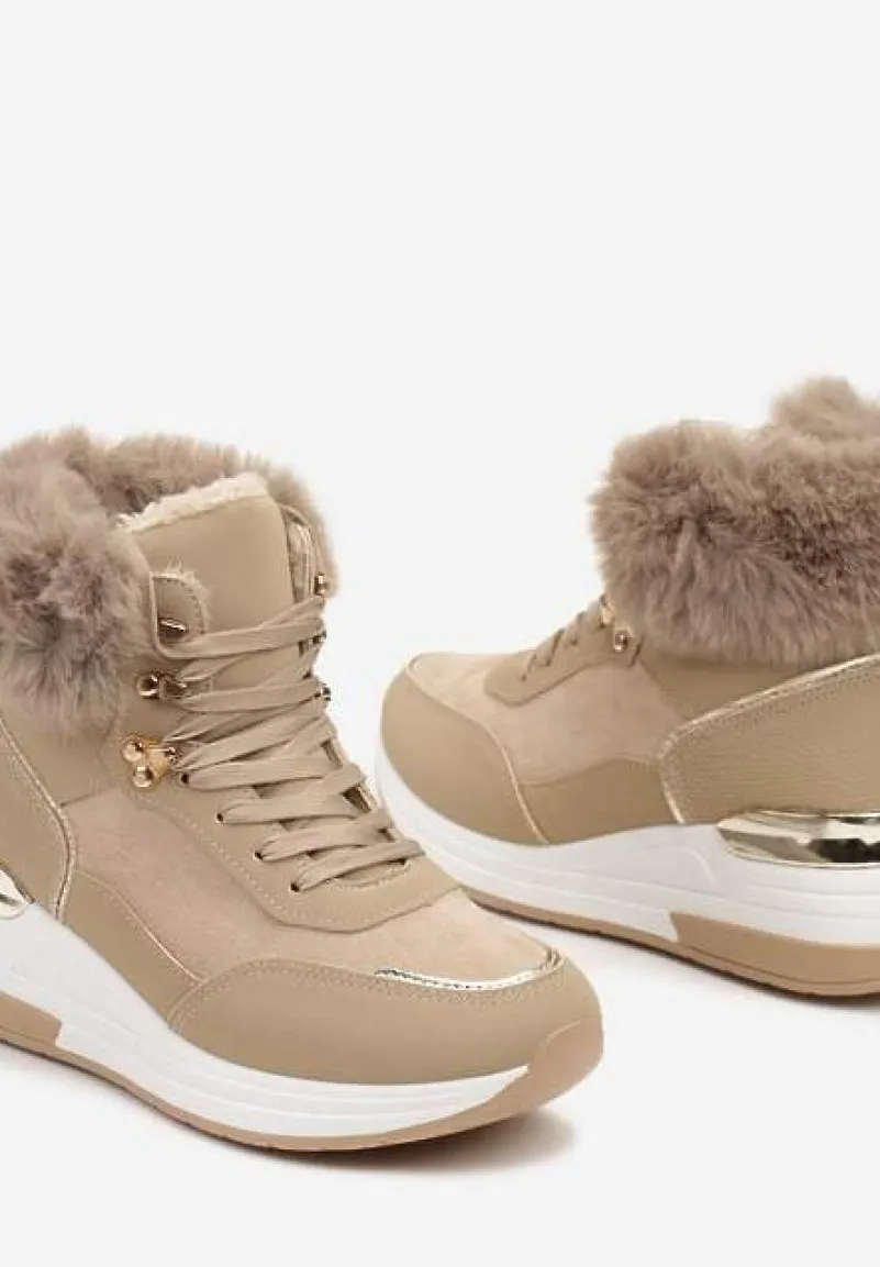 Ciemnobeżowe Futerkowe Sneakersy na Koturnie z Metalicznymi Wstawkami Kaithrin