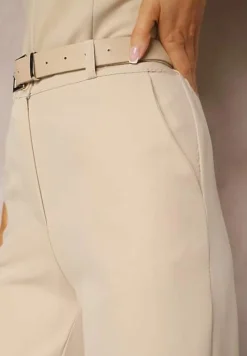 Ciemnobeżowe Garniturowe Spodnie High Waist z Kieszeniami Blathe