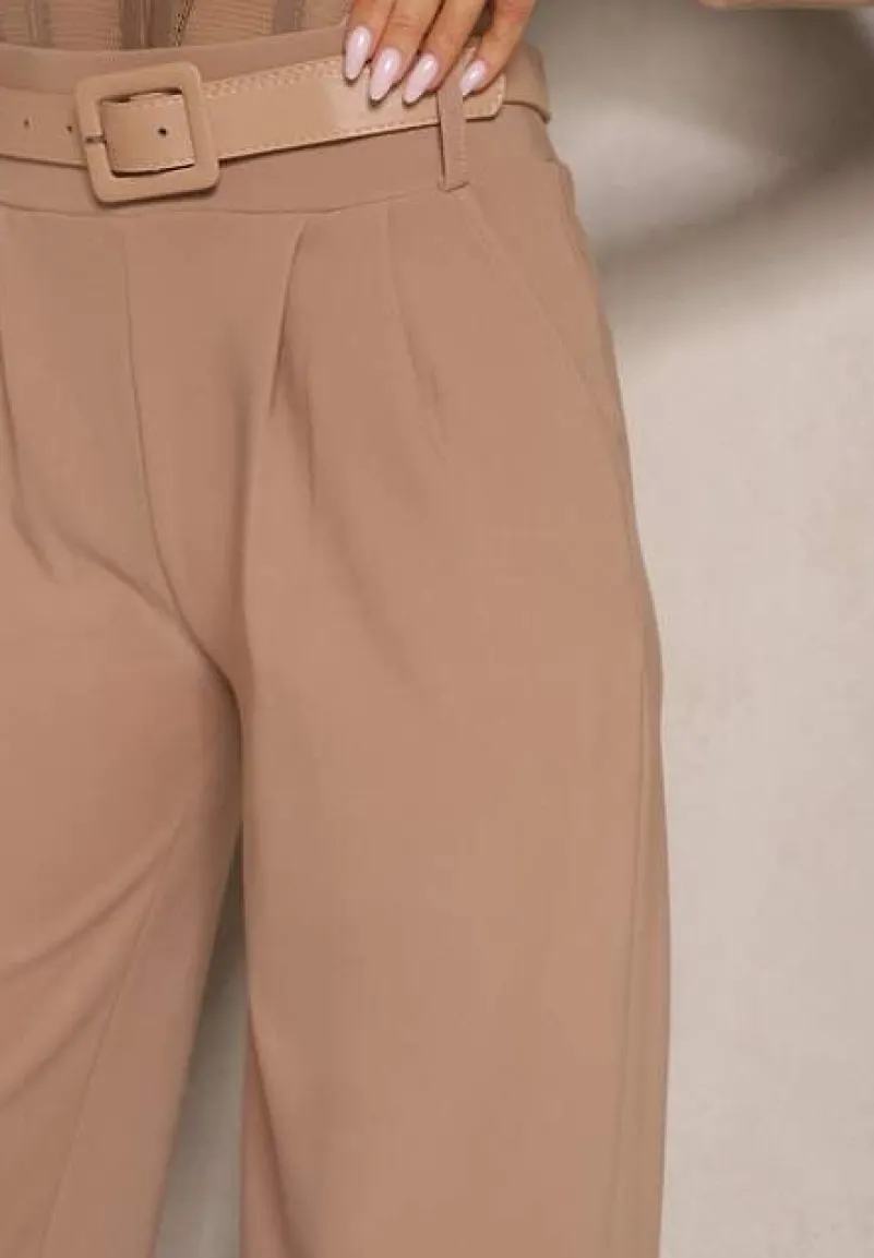 Ciemnobeżowe Garniturowe Spodnie High Waist z Gumką i Dodatkowym Paskiem w Talii Mattine