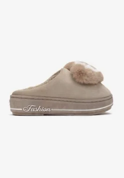 Ciemnobeżowe Kapcie na Grubej Podeszwie z Futrzaną Aplikacją Phoenix