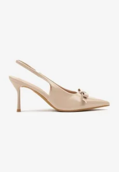 Ciemnobeżowe Lakierowane Sandały Szpilki Vices Typu Slingback z Kokardą Dorozia