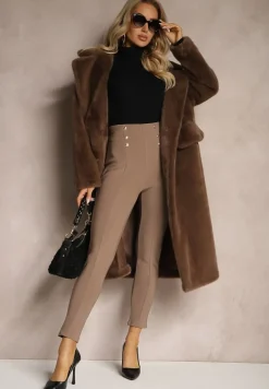 Ciemnobeżowe Legginsy Bawełniane High Waist Ozdobione Guzikami Liorvia