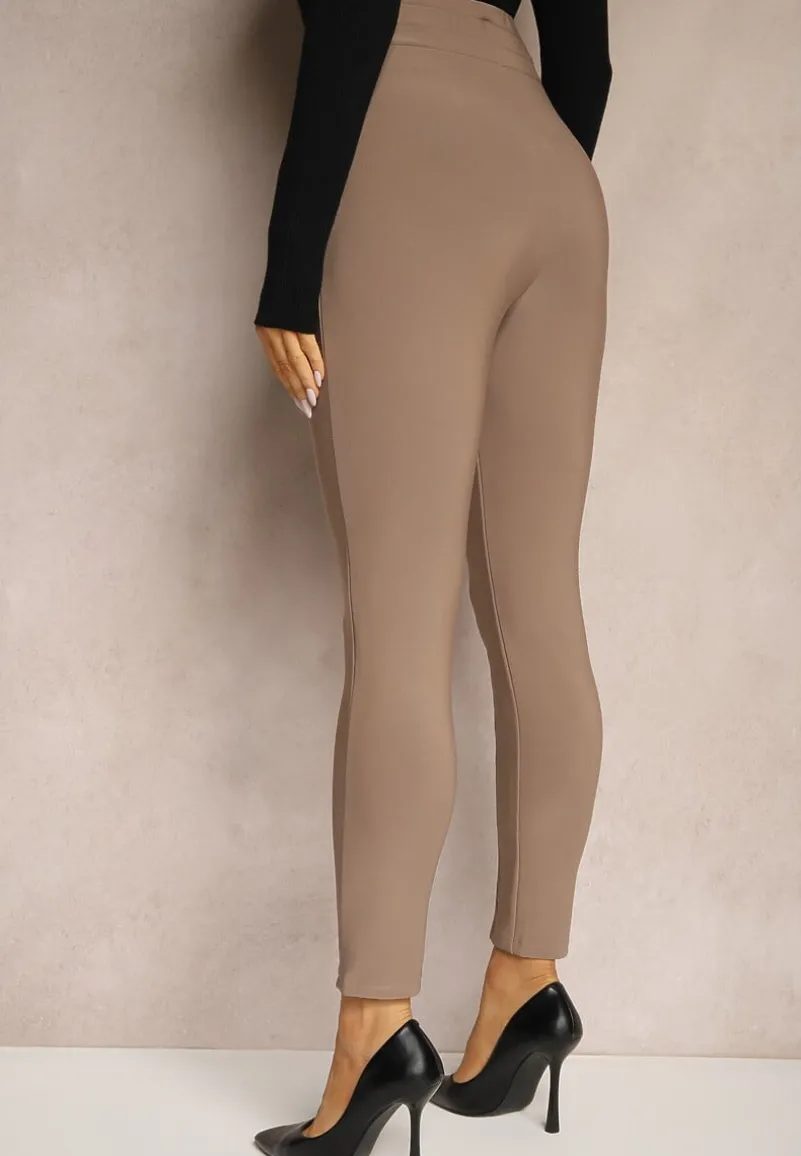 Ciemnobeżowe Legginsy Bawełniane High Waist Ozdobione Guzikami Liorvia