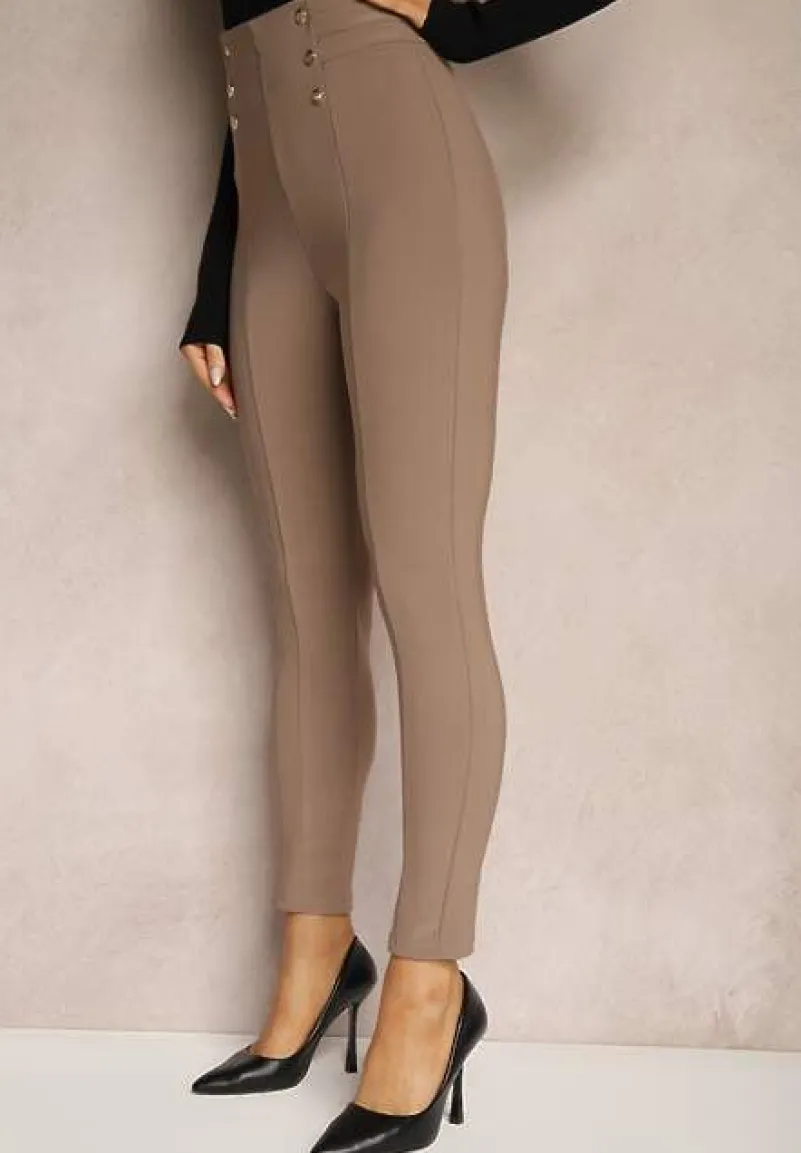 Ciemnobeżowe Legginsy Bawełniane High Waist Ozdobione Guzikami Liorvia