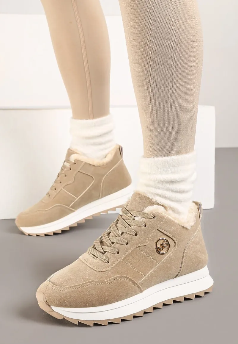 Ciemnobeżowe Ocieplane Sneakersy na Platformie Appopis