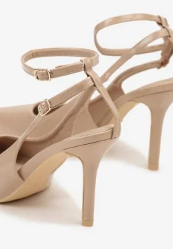 Ciemnobeżowe Sandały Lakierowane Vices na Szpilce Typu Slingback Dolenita