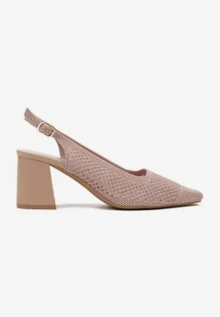 Ciemnobeżowe Sandały na Słupku Typu Slingback z Ażurową Cholewką Morivira