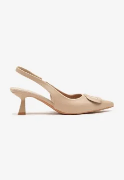 Ciemnobeżowe Sandały na Szpilce Kaczuszce Slingback z Geometryczną Aplikacją Melanoriel