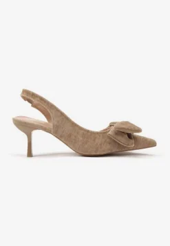 Ciemnobeżowe Sandały na Szpilce Slingback z Kokardą Sunaiel