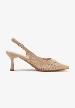 Ciemnobeżowe Sandały Slingback na Klepsydrze z Szydełkową Cholewką i Noskiem w Szpic Mairita
