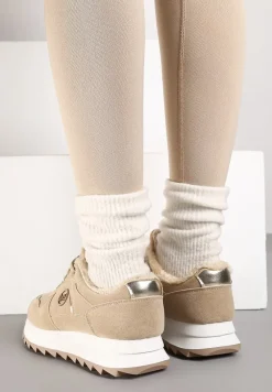 Ciemnobeżowe Sneakersy na Płaskiej Podeszwie z Metaliczną Ozdobą i Ociepleniem Solirra