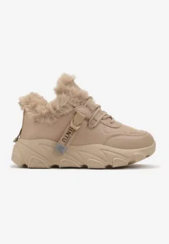 Ciemnobeżowe Sneakersy Przed Kostkę na Płaskiej Grubej Podeszwie z Ociepleniem ze Sztucznego Futerka Borrolla