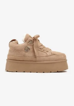 Ciemnobeżowe Sneakersy z Ekozamszu na Grubej Podeszwie Wyściełane Futerkiem Senavel