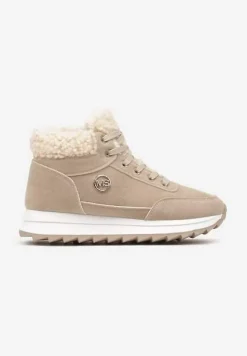 Ciemnobeżowe Sneakersy z Ekozamszu z Futrzaną Wyściółką Etaylla