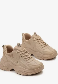 Ciemnobeżowe Sneakersy z Grubą Podeszwą ze Sznurowaniem i Siateczkowymi Wstawkami Lenivia