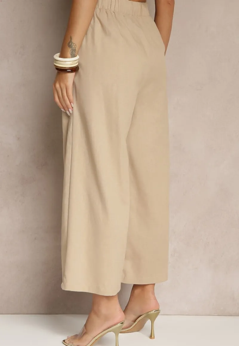 Ciemnobeżowe Spodnie Culottes High Waist z Bawełny Zdobione Guzikami Izuma