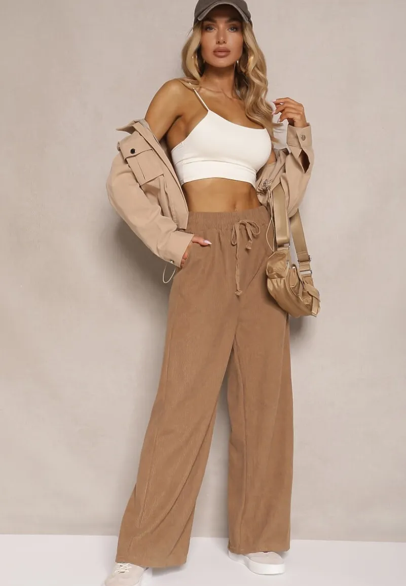 Ciemnobeżowe Spodnie o Szerokim Kroju High Waist z Wiązaniem w Pasie Ettianne