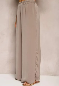 Ciemnobeżowe Wiskozowe Spodnie Szerokie High Waist Rissalene