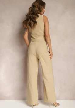 Ciemnobeżowy Garniturowy Komplet Kamizelka i Proste Spodnie High Waist Nithriella