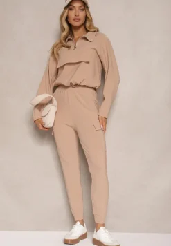 Ciemnobeżowy Komplet Dresowy Bluza z Suwakiem i Kołnierzem i Spodnie z Kieszeniami Cargo Taigena