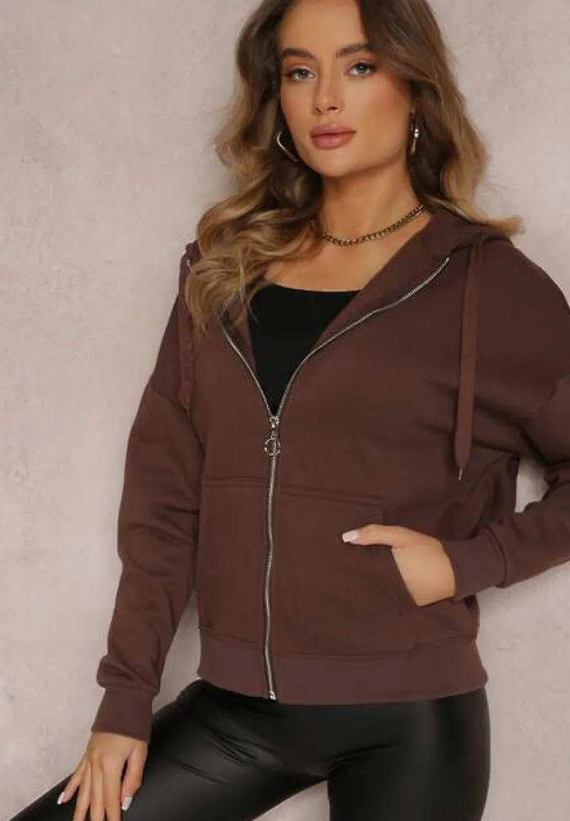 Ciemnobrązowa Bluza z Kapturem i Suwakiem Oversize Des