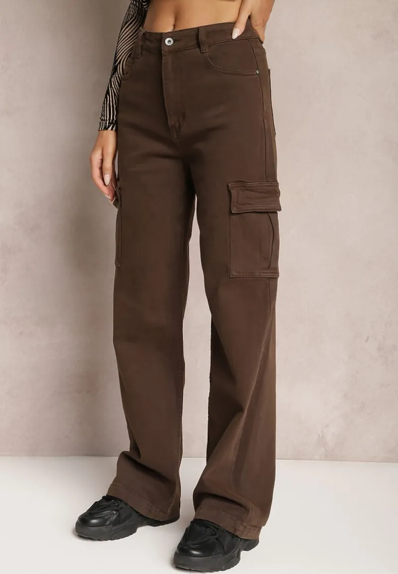 Ciemnobrązowe Jeansy Cargo High Waist z Kieszeniami Anora