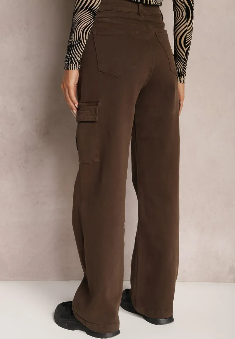 Ciemnobrązowe Jeansy Cargo High Waist z Kieszeniami Anora