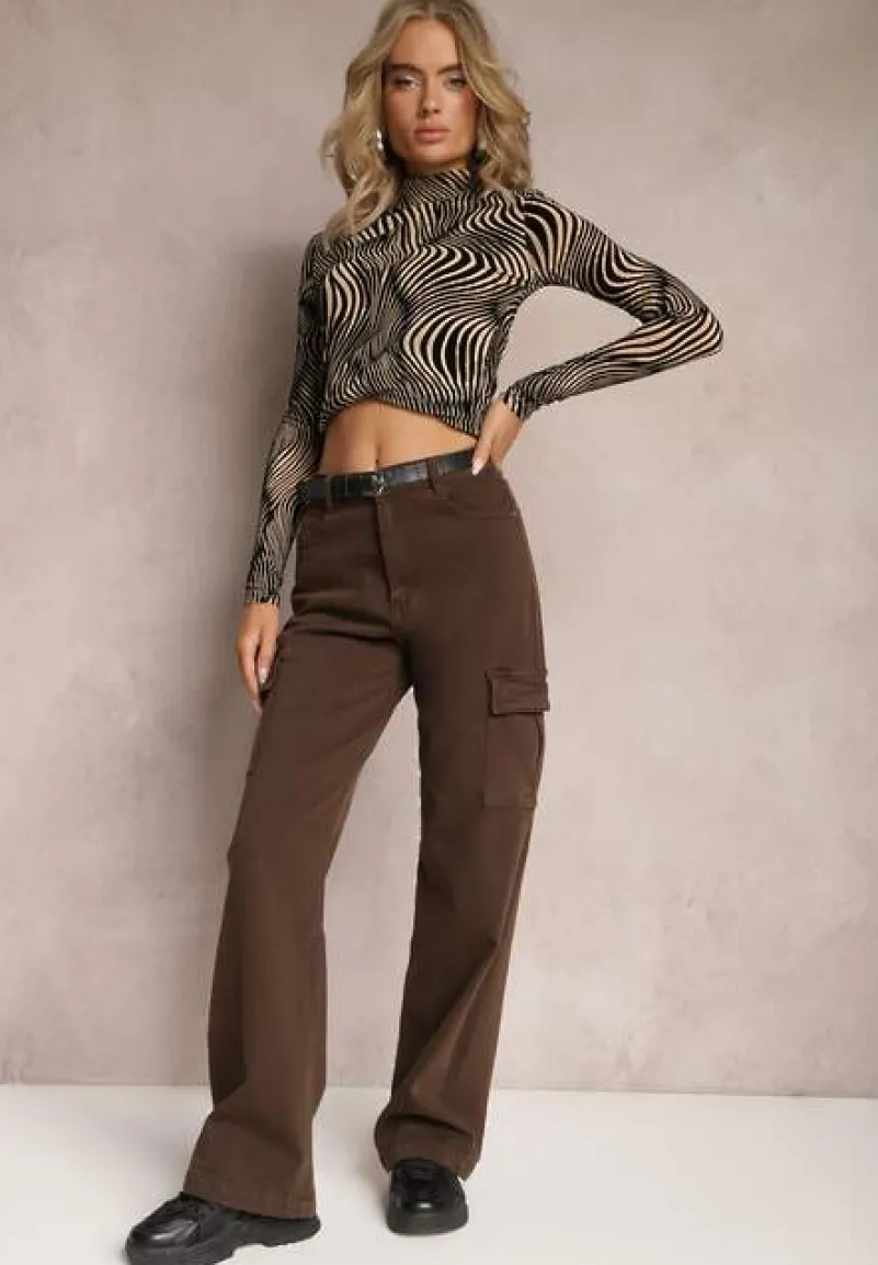 Ciemnobrązowe Jeansy Cargo High Waist z Kieszeniami Anora