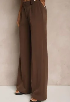 Ciemnobrązowe Szerokie Spodnie High Waist z Gumką w Pasie Eternel