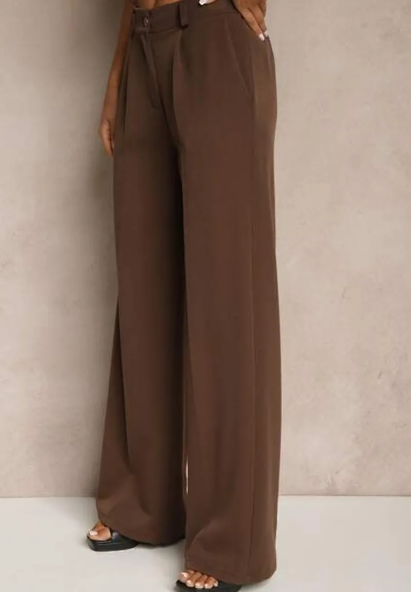 Ciemnobrązowe Szerokie Spodnie High Waist z Gumką w Pasie Eternel