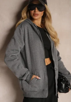 Ciemnoszara Klasyczna Bluza z Kapturem i Sznurkami Ballata