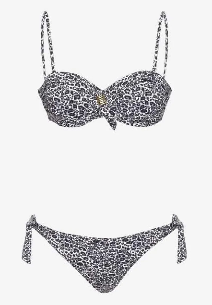 Ciemnoszare Bikini Usztywniany Biustonosz z Ozdobą i Majtki Typu Figi ze Sznurkami po Bokach Aromarie