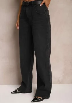 Ciemnoszare Jeansy High Waist z Bawełny z Paskiem Nevelith