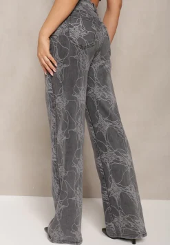 Ciemnoszare Jeansy z Bawełny High Waist Szerokie w Abstrakcyjny Wzór Orithiia
