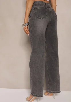 Ciemnoszare Jeansy z Bawełny o Szerokim Kroju High Waist Ozdobione Przetarciami Silmoi