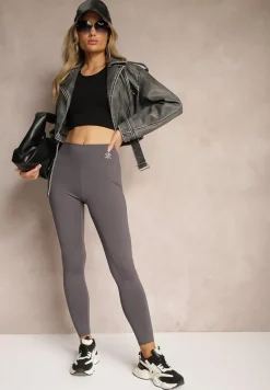 Ciemnoszare Sportowe Legginsy High Waist z Małym Ozdobnym Znaczkiem Lerilane
