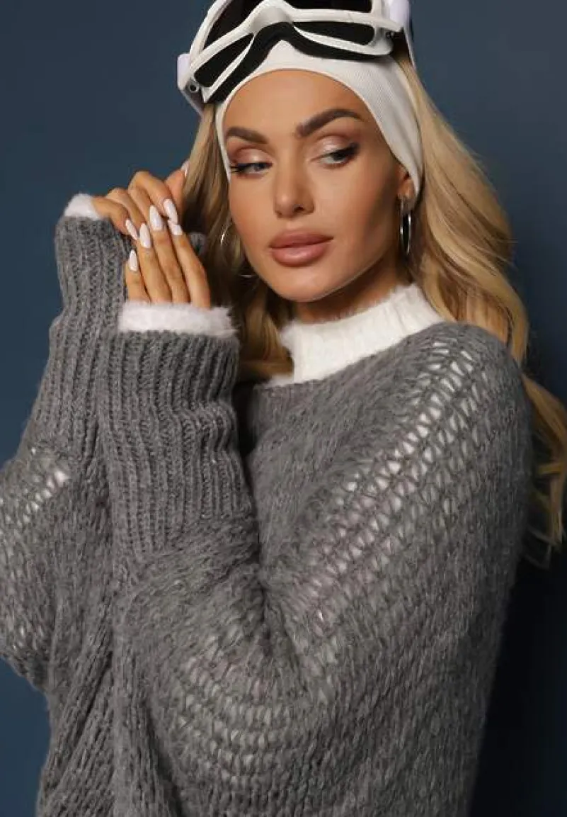 Ciemnoszary Luźny Sweter Dzianinowy w Stylu Ponczo Nattava
