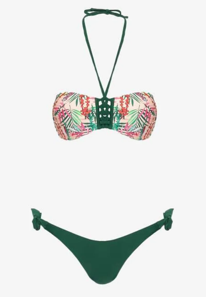 Ciemnozielone Bikini Majtki Figi ze Sznurkami po Bokach i Usztywniany Biustonosz z Wiązaniem Natmarie