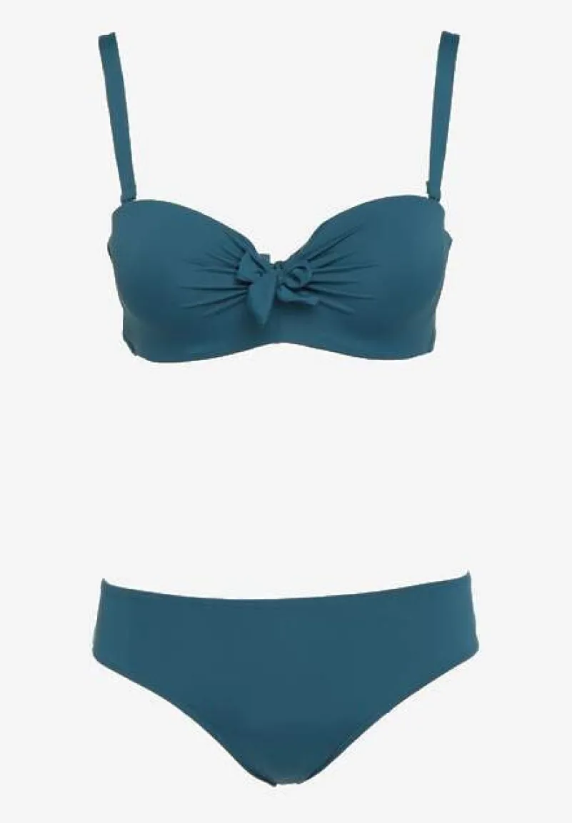 Ciemnozielone Bikini Strój Kąpielowy Dwuczęściowy z Ozdobnym Marszczeniem Nariella
