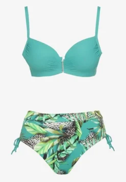 Ciemnozielone Bikini z Motywem Roślinnym Biustonosz i Majtki Figi ze Ściągaczami Sadorene